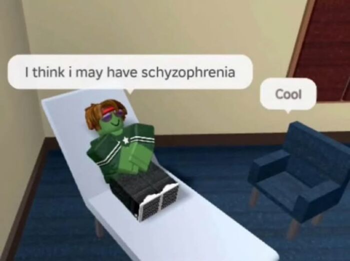Roblox character on therapy couch discussing mental health with a chair.
