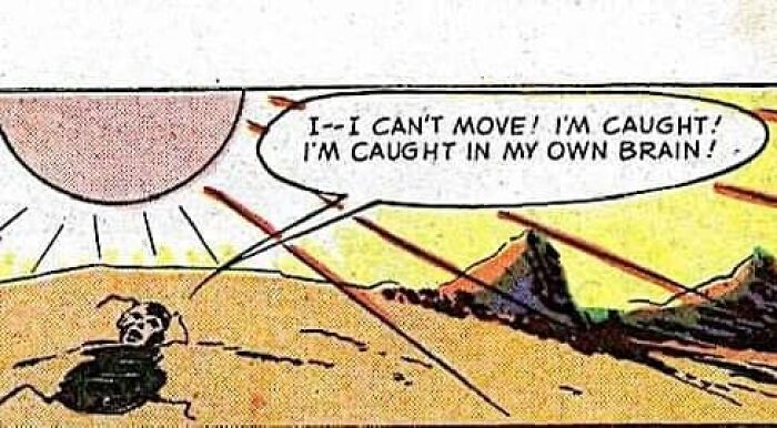 A cartoon skeleton exclaims, "I can't move! I'm caught in my own brain!" under a sunlit desert sky, illustrating mental health.