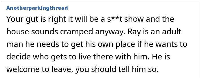 Comment discussing a friend's use of a spare room, suggesting he find his own place if he wants others to live with him.