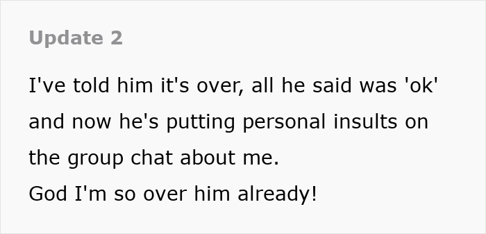 Text message update about a friend's negative reaction in a group chat.