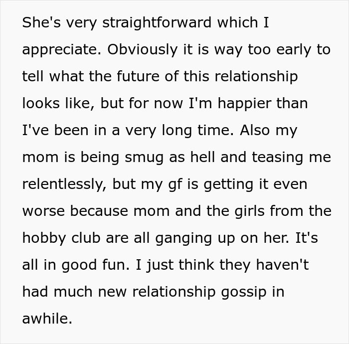 Text discussing mom's reaction to new relationship and friends' gossip. Text discussing mom's reaction to new relationship and friends' gossip.