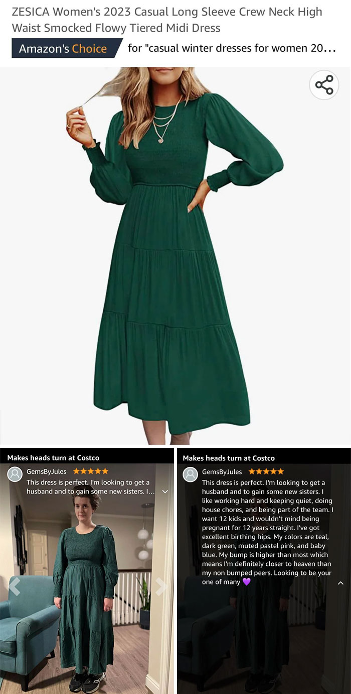 Woman in a green midi dress with comical Amazon reviews, highlighting funny moments found in product feedback.