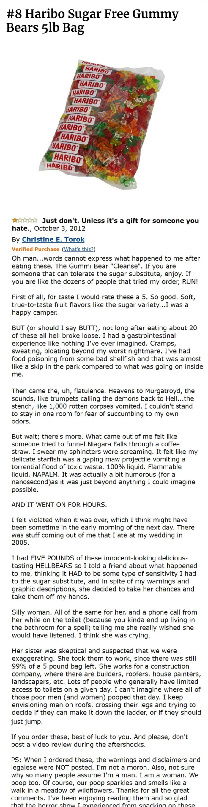 Haribo Sugar Free Gummy Bears bag with humorous Amazon review highlighting comedic feedback.