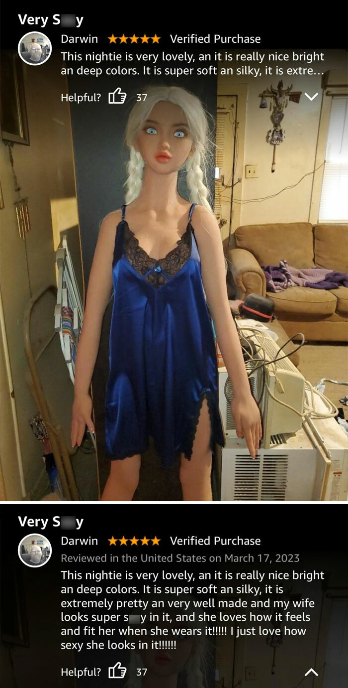 Doll in a blue nightie with a humorous Amazon review about its quality, displayed in a cozy room.