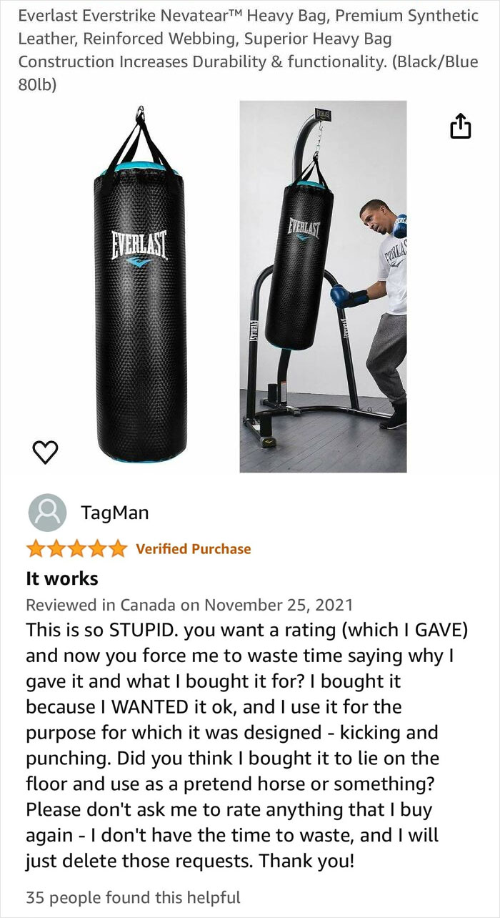 Funny Amazon review for Everlast punching bag, highlighting a humorous user experience.