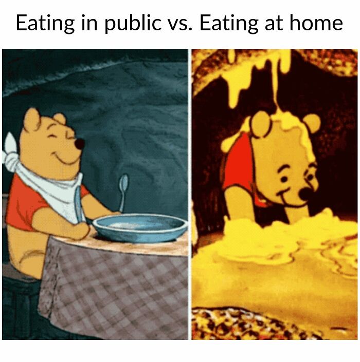 Cartoon bear humorously depicting food habits: polite dining vs. home indulgence.
