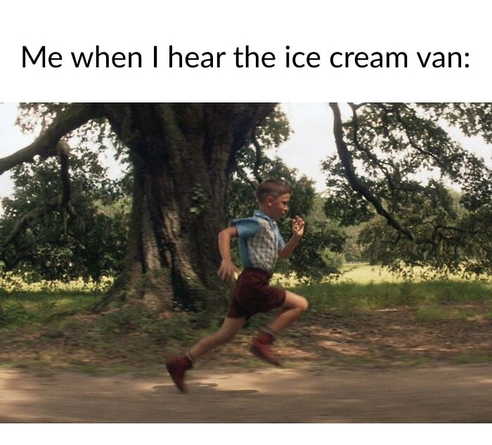 Child running energetically outdoors, evoking humor related to food and ice cream cravings.