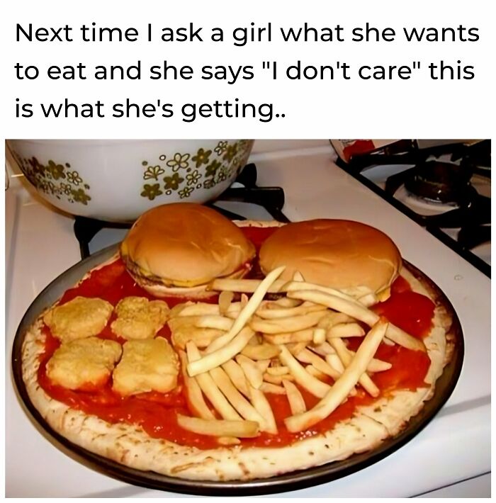 Pizza topped with burgers, fries, and nuggets; a humorous food meme enticing late-night fridge raids.