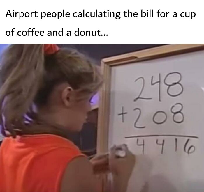 Child doing complex math on a whiteboard, humorously calculating a bill for food items like coffee and a donut.