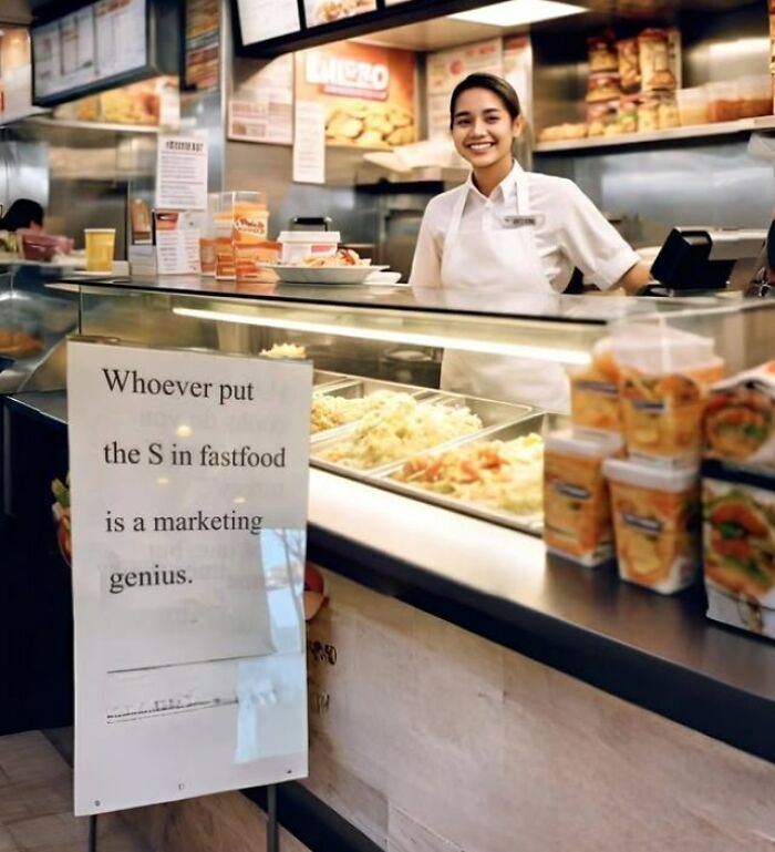 Smiling fast food worker behind counter with a humorous sign about marketing in fast food restaurants.