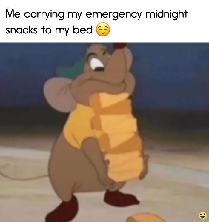 Cartoon mouse carrying a large stack of cheese, depicting a humorous food meme about midnight snacks.