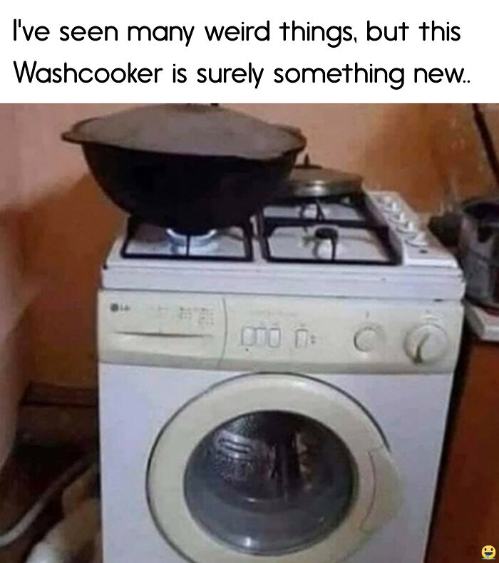 "Washing machine with a stove top used as a quirky cooking setup, highlighting food memes and humor."