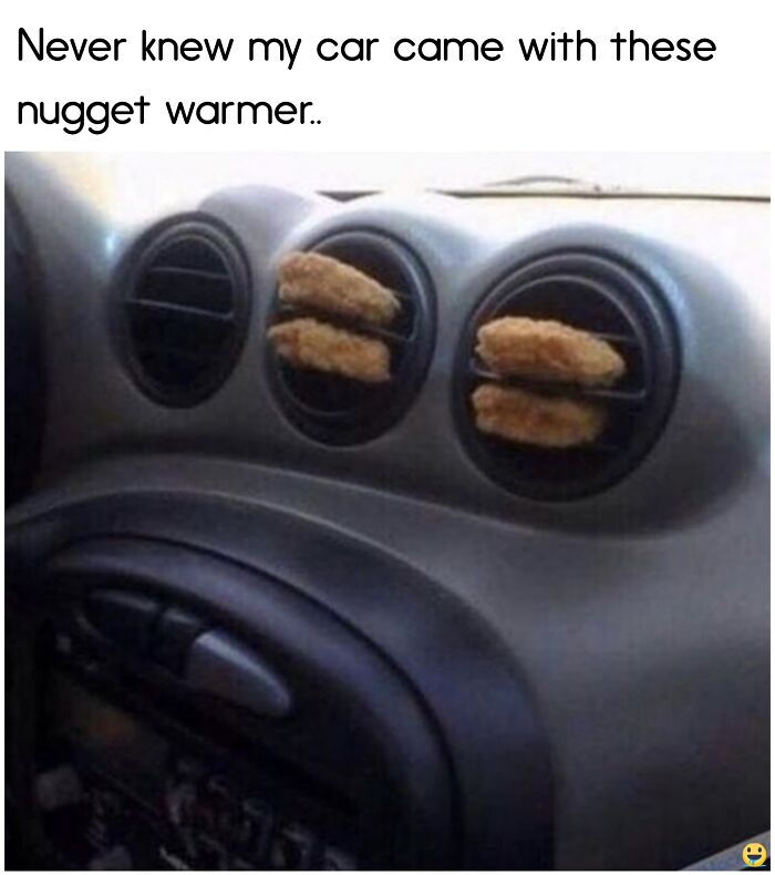 Car air vents used as a nugget warmer in a humorous food meme.