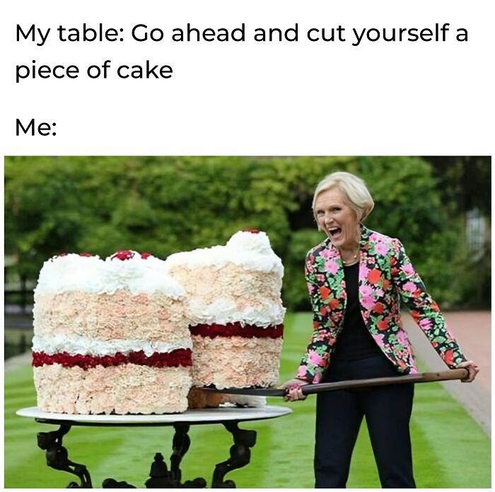 Woman humorously cutting a giant cake with a spade, illustrating a funny food meme.