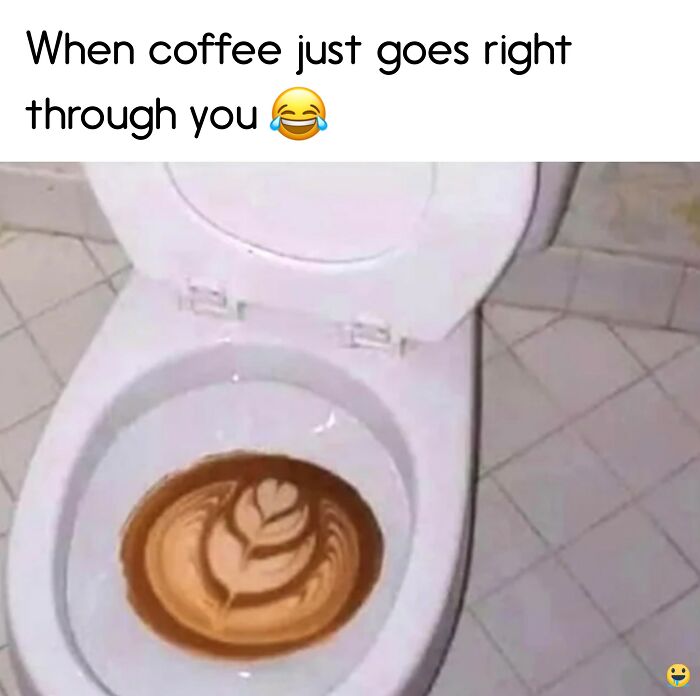 Toilet bowl with coffee art humorously mimicking latte art on the surface, a food meme for coffee lovers.