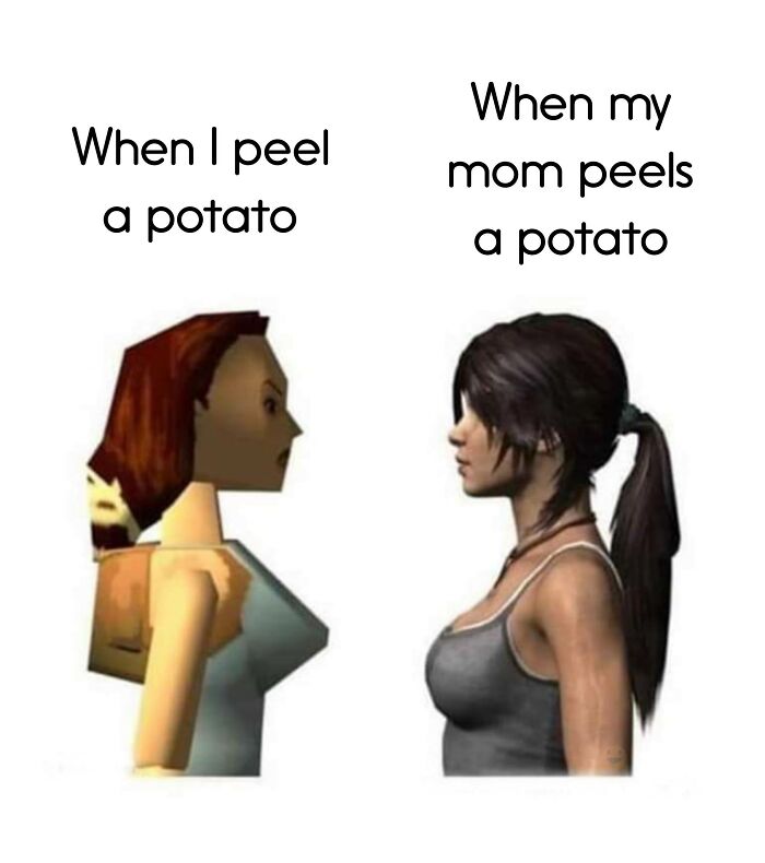 Two game characters comparing potato peeling skills in a funny food meme.