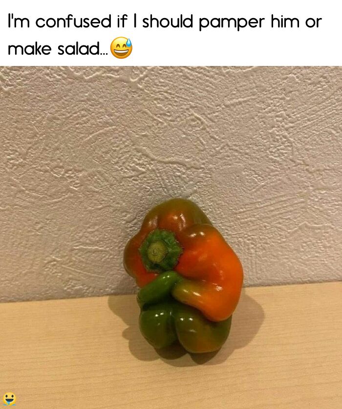 Unusually shaped bell pepper resembling a figure, jokingly captioned with food humor.