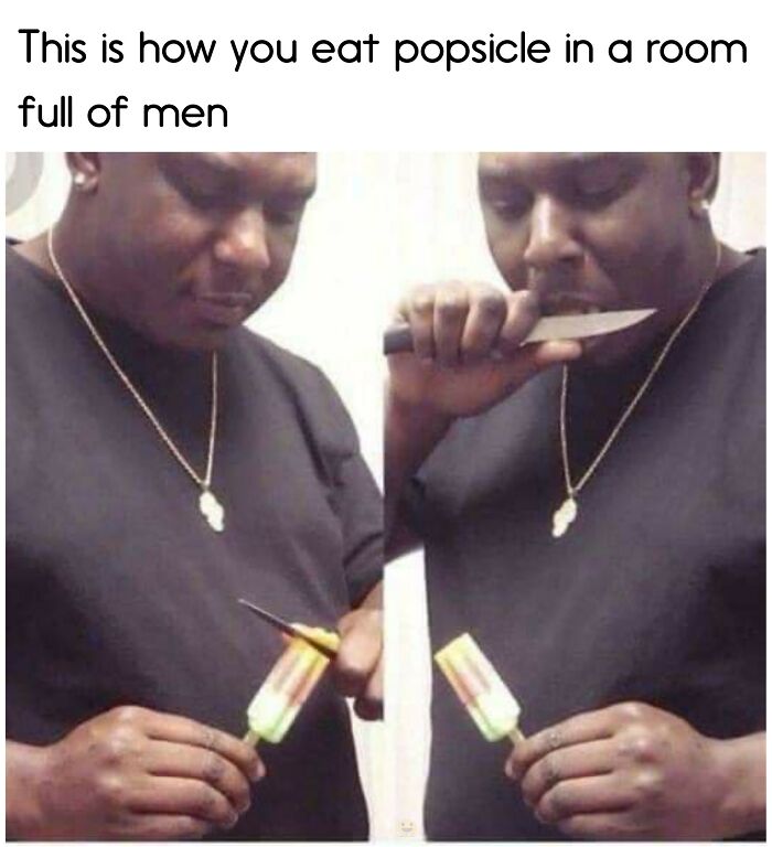 Man humorously eating popsicle with knife, showcasing late-night food memes.