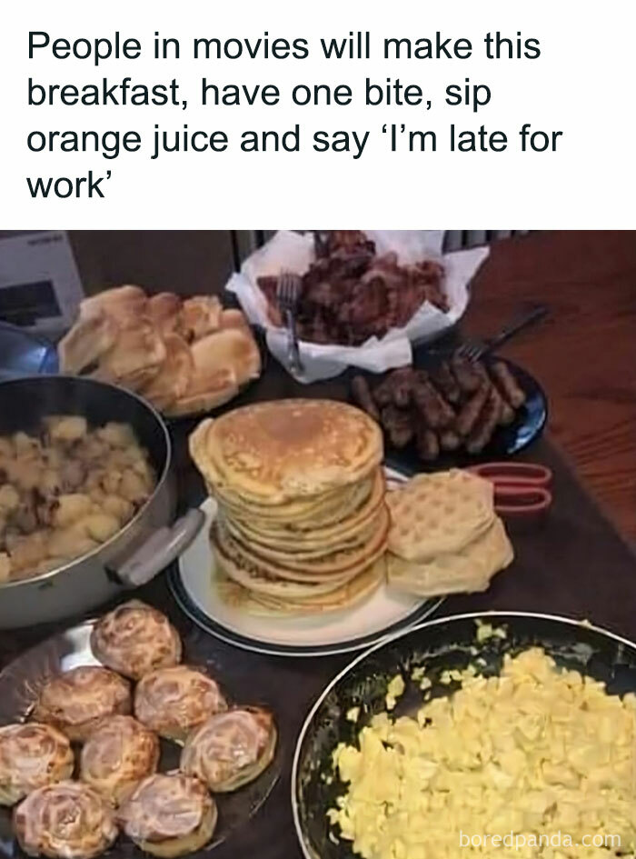 Hearty breakfast spread with pancakes, sausages, eggs, and pastries humorously captioned, showcasing food memes.
