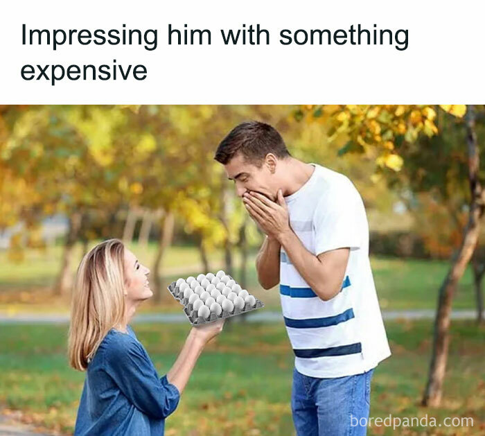 Woman presenting eggs as an expensive gesture to a surprised man in a park, highlighting food meme humor.