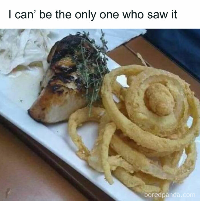 Food meme featuring roast chicken resembling a dog, with crispy onion rings on a plate.