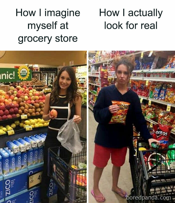 Two images contrast a shopping perception: dressed up with fruit vs. casual with a snack. Food meme humor.