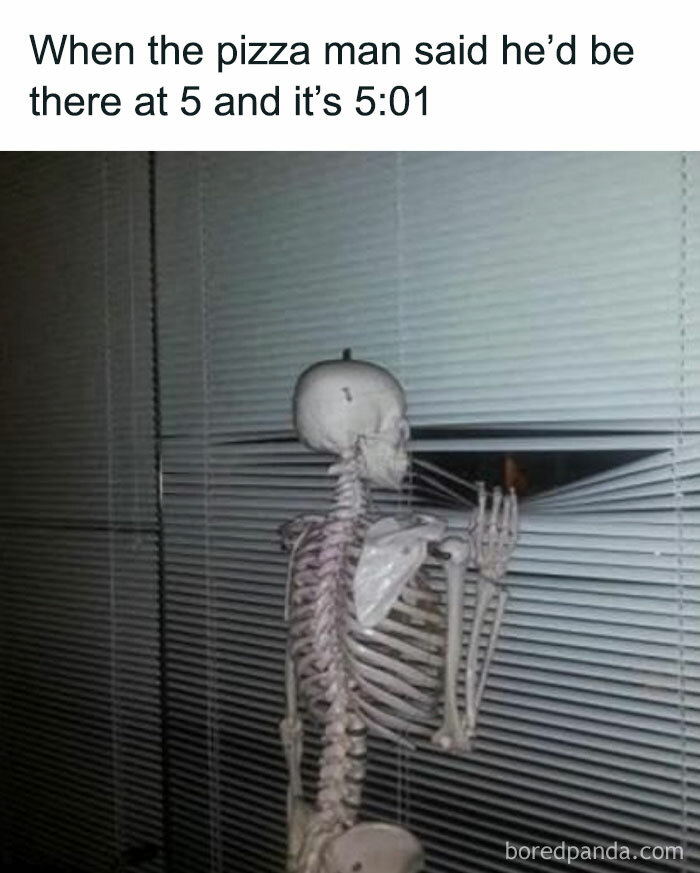 Skeleton peering through blinds, humorously waiting for late pizza delivery.
