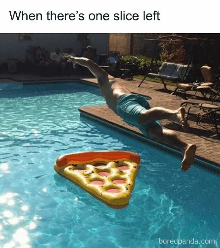 Man diving into pool towards pizza float, embodying food memes humor.