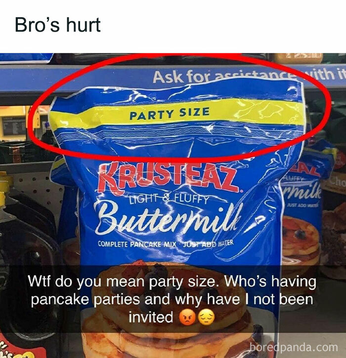 Party-size pancake mix with text questioning the need for a pancake party.