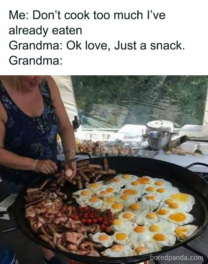 Grandma cooking a huge breakfast with eggs, bacon, and sausages in a large pan as a funny food meme.