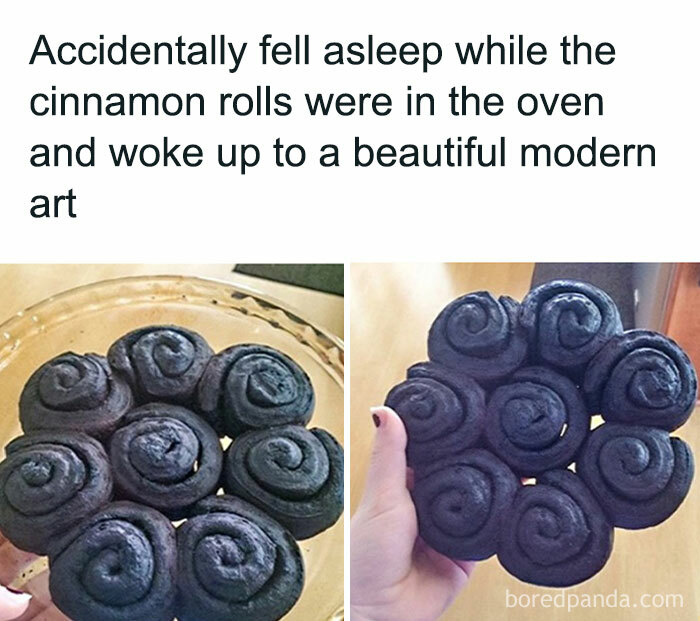 Burnt cinnamon rolls resembling modern art, with a humorous caption about falling asleep while baking.
