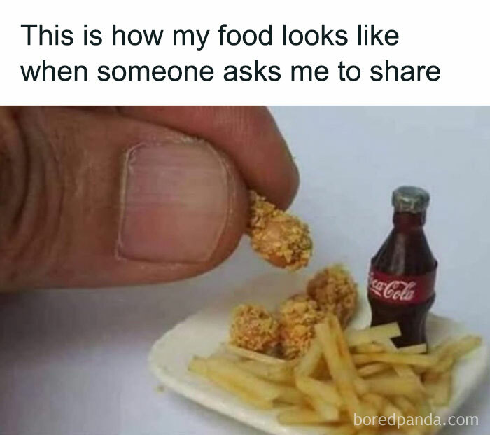 Miniature food platter with tiny fries, nuggets, and a Coke bottle; a humorous take on food sharing.