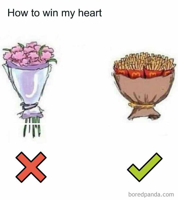 Bouquet of flowers versus fries, with the latter checked, highlighting a humorous food meme.