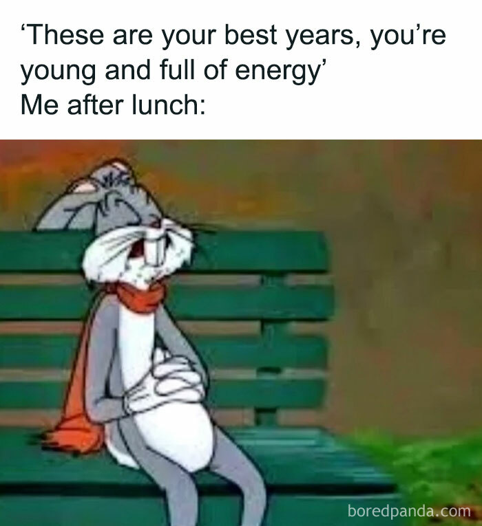 Cartoon character sitting on a bench looking full after lunch, embodying a food meme.