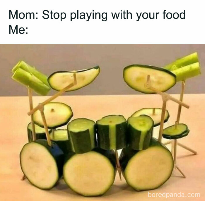 Cucumber drum set food meme showcasing creativity with vegetables.