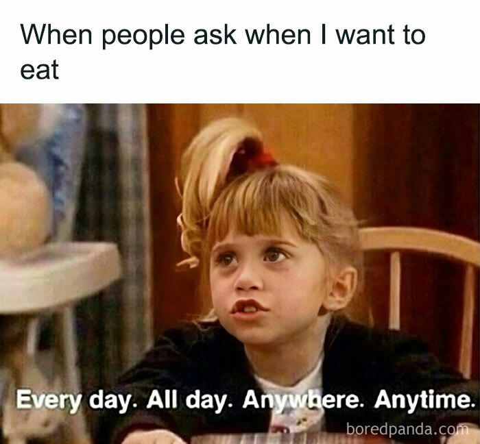 Young girl humorously expressing constant desire to eat, fitting within food meme themes.