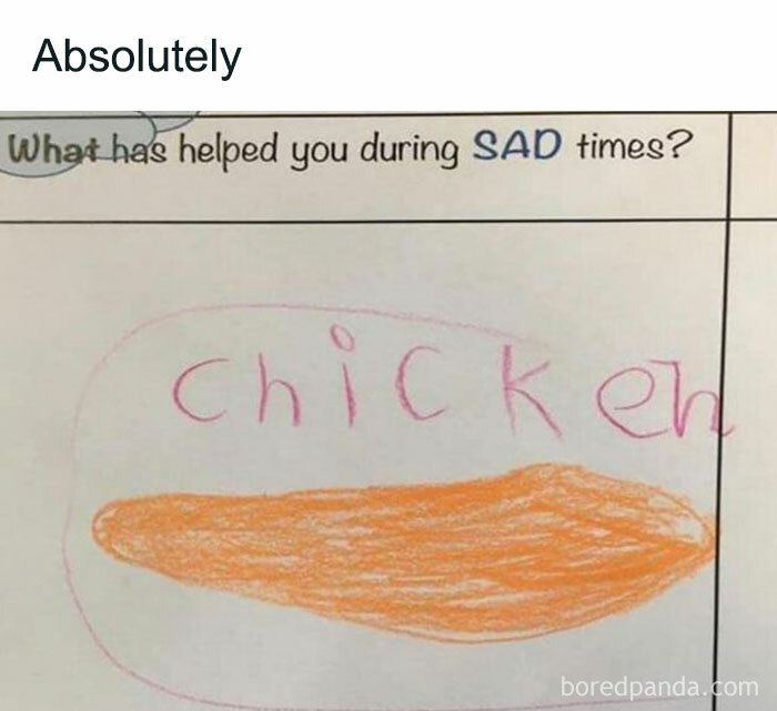 Child's drawing of chicken as comfort food during sad times, captioned "absolutely."