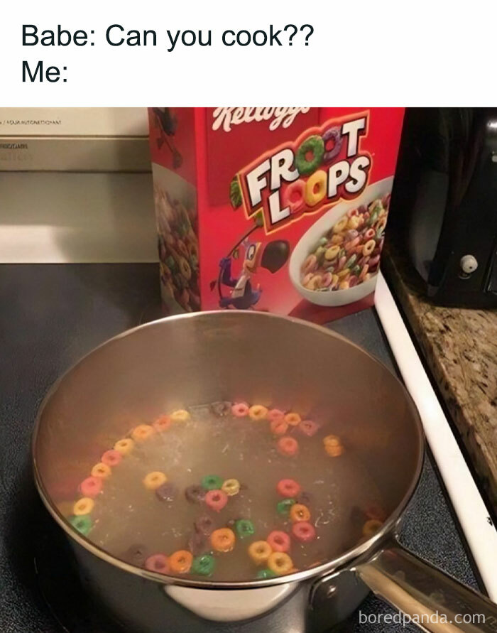 Cooking joke with Froot Loops boiling in a pot. Food memes humorously depicting cooking attempt.