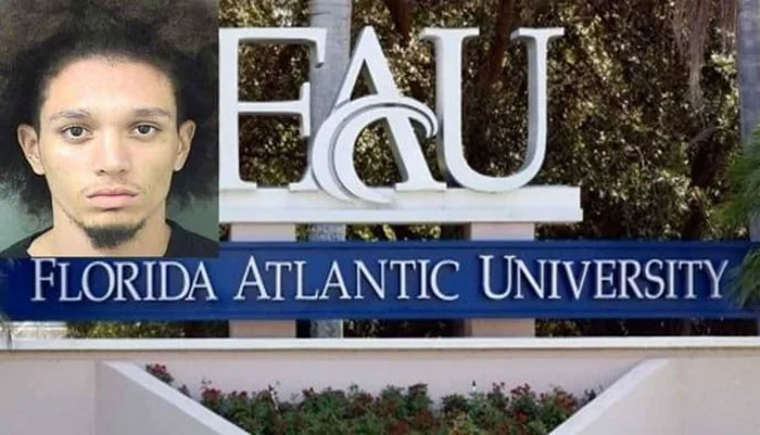 Florida man mugshot next to Florida Atlantic University sign.