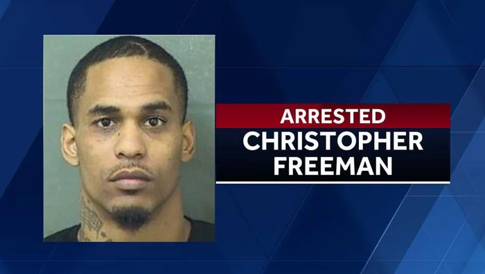 Mugshot of a Florida man, Christopher Freeman, with "Arrested" banner.