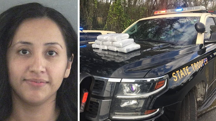 Woman's mugshot next to a police car with confiscated packages, highlighting bizarre Florida man incidents.