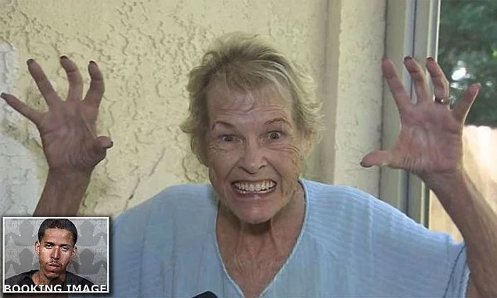 Elderly woman making a playful claw gesture; inset shows booking image of a young man. Florida Man headlines theme.