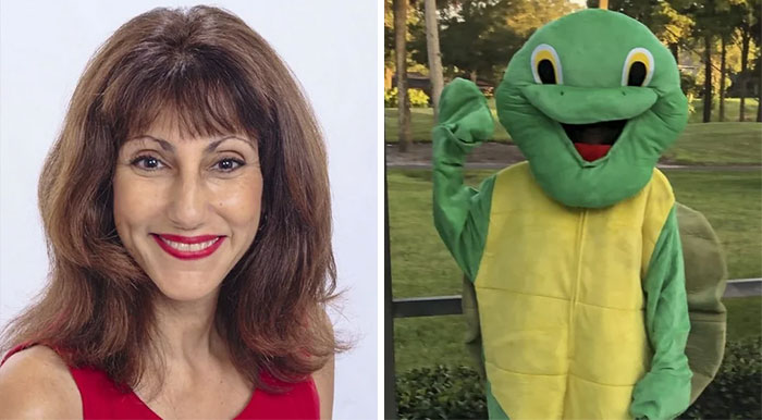 Woman smiling on the left; person in a turtle costume on the right, typical of Florida Man tales.