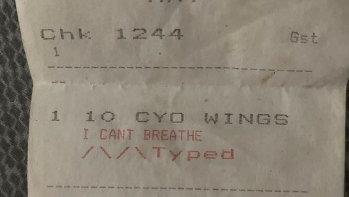Receipt showing a Florida Man order with unusual text, "I CAN'T BREATHE," beneath chicken wings item.