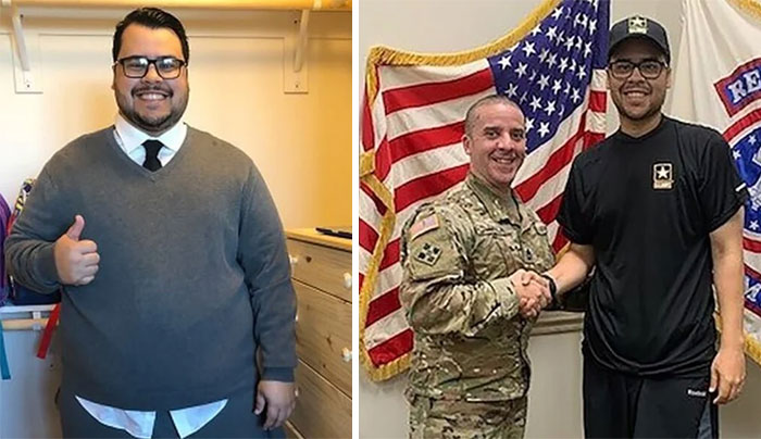 Man in casual attire gives thumbs up; later shakes hands with uniformed soldier in front of flags. Florida man transformation.