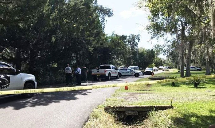 Florida man incident scene with police cars and officers on a tree-lined road, marked off by yellow tape.