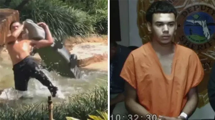 Shirtless man wrestling alligator statue in water; man in court wearing orange jumpsuit, related to Florida Man headlines.