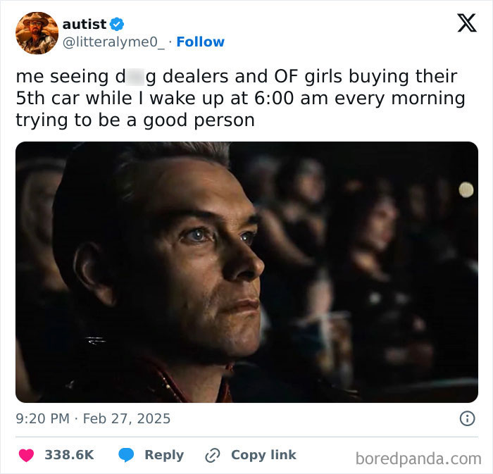 A humorous work tweet about waking up early, contrasted with others' lifestyles, featuring a focused man in a dark setting.