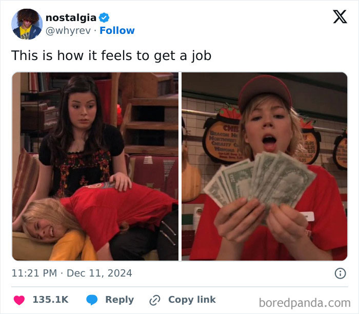 Two young women, one resting on a couch, the other in a fast-food uniform holding cash, illustrating a funny work tweet.