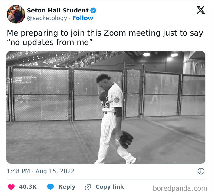 Baseball player walking dejectedly, captioned with a humorous work tweet about joining a Zoom meeting.